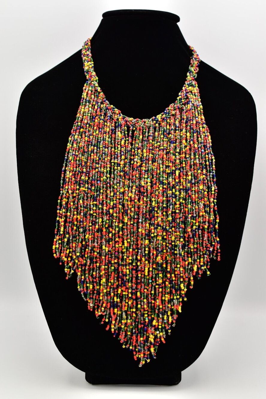 Vintage Rainbow Beaded Bib Statement Necklace Fringe Collar Colorful 70s BinA17